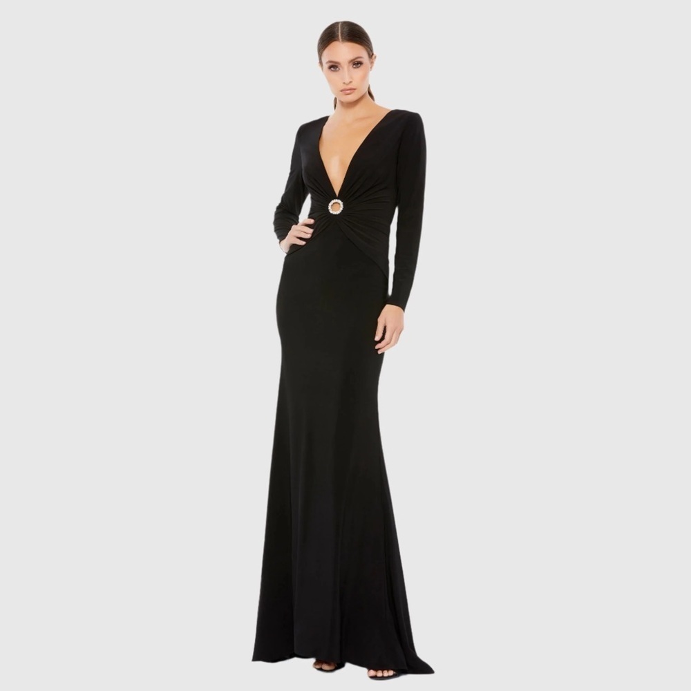 Ieena For Mac Duggal 26514 Nwt Gathered Pearl Long Sleeve Keyhole Gown